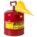 A red metal Justrite safety can with a yellow funnel.