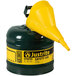 A green Justrite safety can with a yellow funnel.