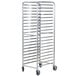 A chrome metal Regency sheet pan rack on wheels.