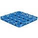 A blue plastic glass rack extender with 20 compartments.