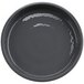 A grey melamine plate with a black rim.