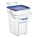 A clear polycarbonate square ice tote with blue lid and handle.