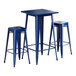 A blue square table with three blue metal stools.