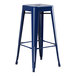 A blue metal barstool with a square seat.