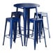 A blue metal table with four blue barstools.