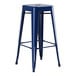 A blue metal backless barstool with a round seat.