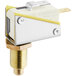 A white and yellow microswitch with a metal cover.