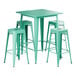 A green table with bar stools.