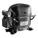 A black refrigeration compressor with a white label.