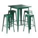 A green square table with four green metal stools.