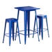 A blue square table with blue metal bar stools.