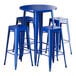 A Lancaster Table & Seating blue quartz bar height table with four blue stools.