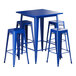 A blue rectangular table with blue bar stools.