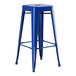 A blue metal Lancaster Table & Seating backless barstool with legs.