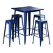 A blue square table with Lancaster Table & Seating Alloy Series barstools.