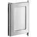 A silver rectangular metal door with a clear glass window.