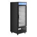 A black Main Street Equipment Swing Glass Door Merchandiser Refrigerator with shelves.