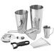 A Barfly stainless steel cocktail tool kit with a shaker, strainer, jigger, and more.