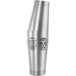 A silver stainless steel Barfly cocktail shaker with skulls on it.