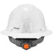 A white Ergodyne full brim hard hat with LED light and black suspension straps.