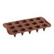 A brown silicone chocolate mold with 15 cone-shaped compartments.