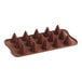 A brown silicone chocolate mold with 15 cone-shaped compartments.