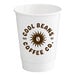 A white customizable paper hot cup with brown text that says "Cool Beans Coffee Co."