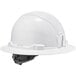 An Ergodyne Skullerz white hard hat with a black strap.