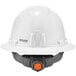 A white Ergodyne Skullerz hard hat with a 4-point ratchet suspension.