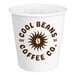 A white customizable paper hot cup with brown text that says "Cool Beans Coffee Co."