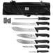 A Mercer Culinary BPX 9-piece BBQ competition knife roll set in a black bag with a logo.