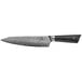 A Mercer Culinary Damascus Chef Knife with a black handle and silver accents.