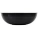 A black Cambro round ribbed bowl with stripes.