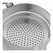 A silver stainless steel container with a strainer on top.