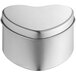 A close-up of a silver heart-shaped metal tin with a lid.