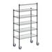 A black metal shelving unit with wheels and shelves.