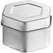 A 1 7/8" x 1 3/8" silver hexagon-shaped metal tin with a slip cover.