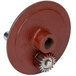 A red and silver gear with a gear wheel on a white background.