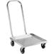 A silver metal cart with black wheels.