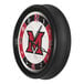 A black and white clock with a red and white Miami University logo.