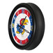 A round wall clock with a University of Kansas Jayhawks logo and red, blue, and white accents, housed in a black frame.