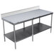 An Advance Tabco poly top work table with an undershelf and backsplash on a counter.