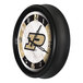 A round wall clock with a black frame featuring the Purdue University logo and LED lighting, suitable for indoor or outdoor use.