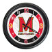A round wall clock featuring the University of Maryland logo with a black frame and red, black, and white accents.