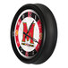 A round wall clock with a University of Maryland logo and a black frame, designed for indoor or outdoor use.