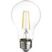 A TCP clear LED filament light bulb glowing white.