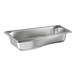 A Vollrath stainless steel pan with a curved edge and a handle.