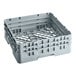 A grey plastic Cambro dish rack with closed sides and two compartments.