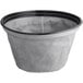 A grey fabric basket with black trim.