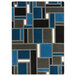 A blue and black rectangular area rug with squares and lines in blue and black.